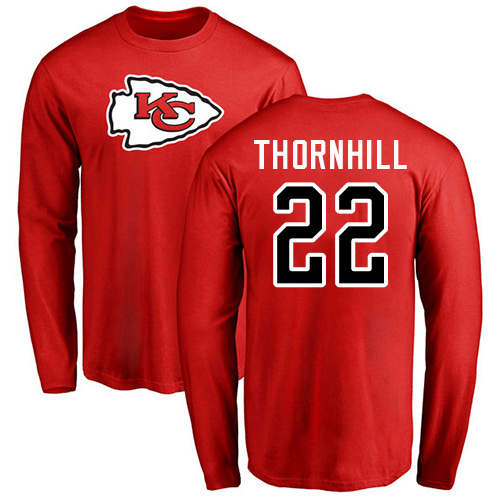 Men Kansas City Chiefs #22 Thornhill Juan Red Name and Number Logo Long Sleeve T-Shirt